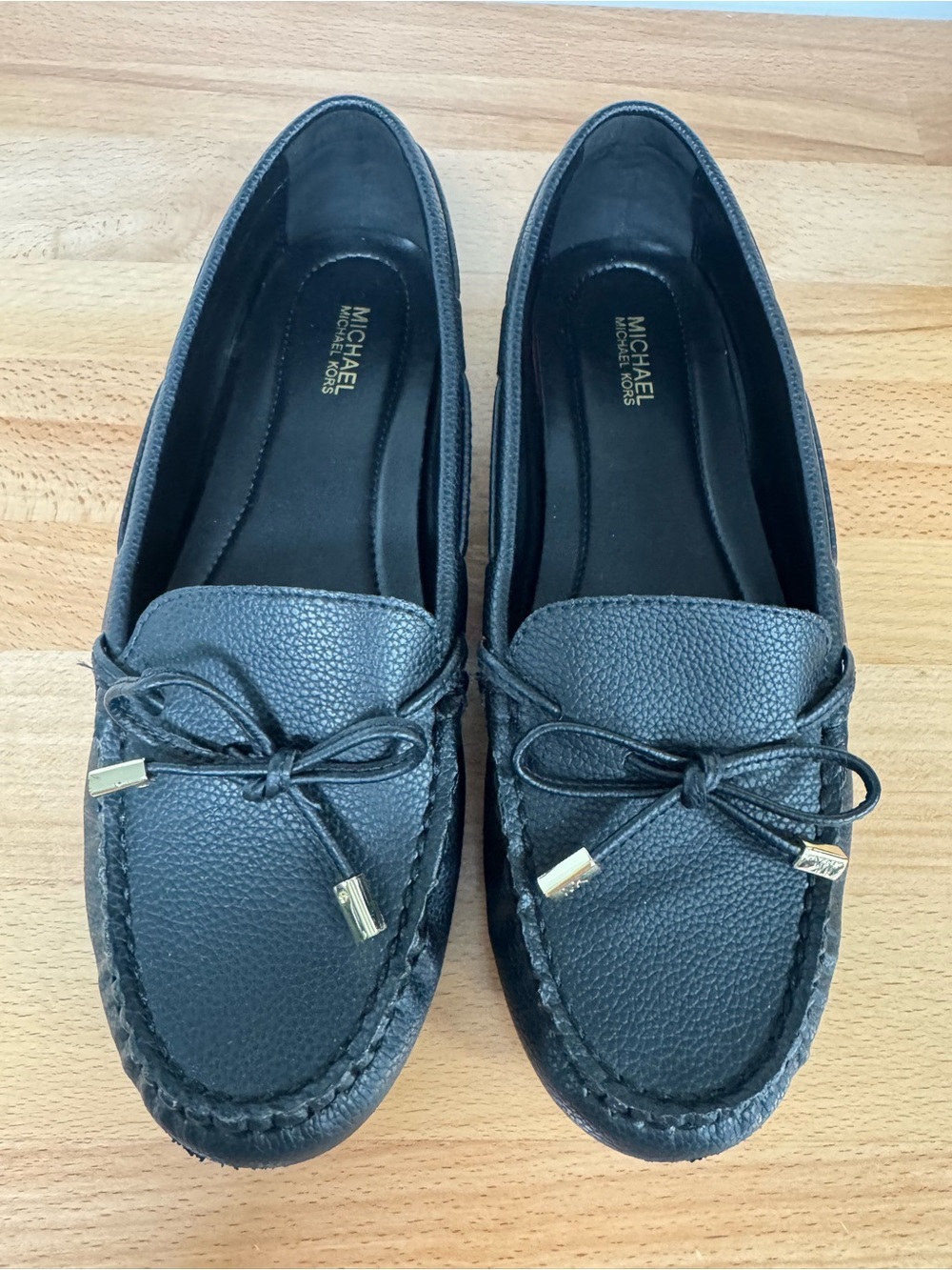 Michael Kors Black Pebbled Leather Moccasin Loafers with Gold Accent